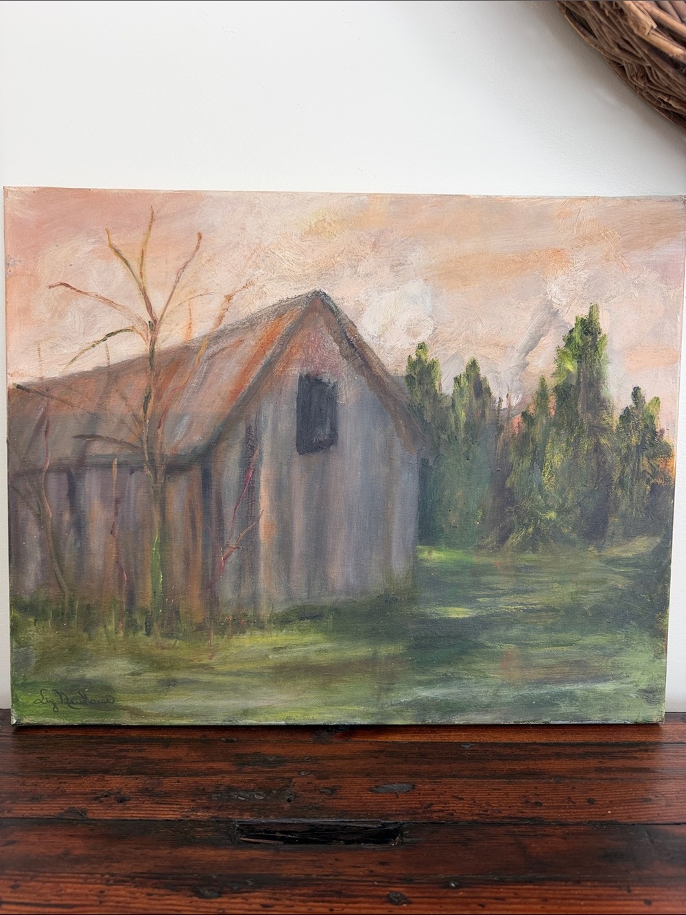 Rustic Moody Barn Landscape Oil Painting - Green and Brown. Artist Signed.